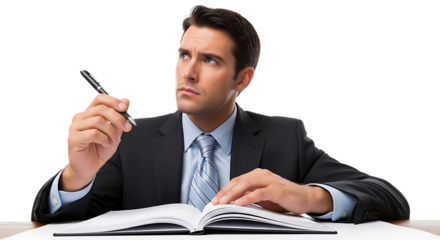 Businessman holding pen and looking up, isolated on transparent background