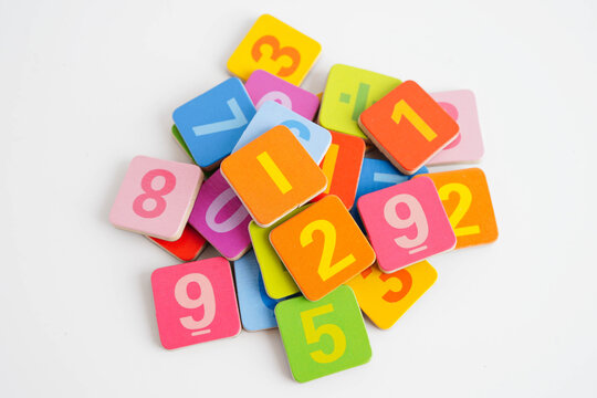 Number wood block cubes for learning Mathematic, education math.
