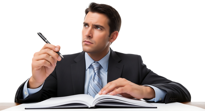 Businessman holding pen and looking up, isolated on transparent background