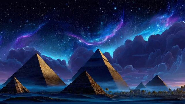 Mystical Pyramids under a Celestial Canvas: Ancient pyramids stand majestic under a starlit sky, capturing the eternal mystery of an ancient civilization.