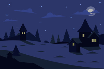 Fototapeta premium Flat design illustration of a village at night under a full moon