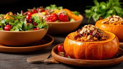 Vegan thanksgiving dinner concept. Autumn dishes featuring pumpkin and fresh salads on rustic table.