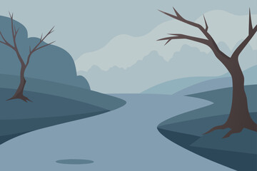 Fototapeta premium Serene landscape with winding river and bare trees in cool tones