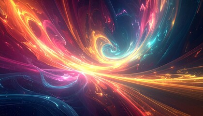 A vibrant, swirling vortex of cosmic energy featuring warm and cool tones, resembling a colorful nebula with bright flares