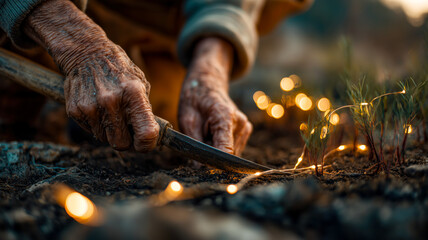 Obraz premium Wrinkled hands tenderly plant lights in the soil. Bokeh lights shine, symbolizing hope and renewal in the planting season. 