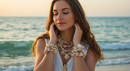 Beautiful Young Woman in Seashell Jewelry on Tropical Beach at Sunset