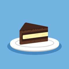 Sweet and Decadent Chocolate Cake Slice with Creamy Filling on a White Plate, Perfect for Celebrations, Desserts, and Indulgent Treats. A Delicious Confection for Any Occasion.