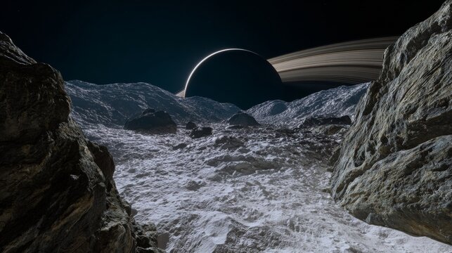 Stunning hyper realistic depiction of iapetus  saturn s moon with dark and light hemispheres