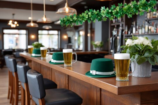 St. Patrick's Day celebration with beer and leprechaun hats on bar