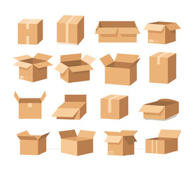 Empty Cardboard Boxes Vector Collection, Open and Closed Kraft Packages with Shipping Symbols, Brown Packaging in Various Positions and Angles