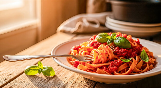 Delicious plate of fettuccine pasta topped with rich tomato sauce and fresh basil leaves, beautifully arranged on a rustic wooden table with warm sunlight streaming in