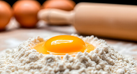 Close-up of fresh egg yolk resting in a mound of flour with a rolling pin in the background, capturing the essence of baking and culinary preparation