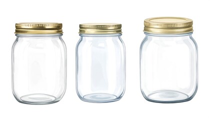 Three clear, empty glass jars with gold-colored lids arranged horizontally against a white backdrop, rendered digitally