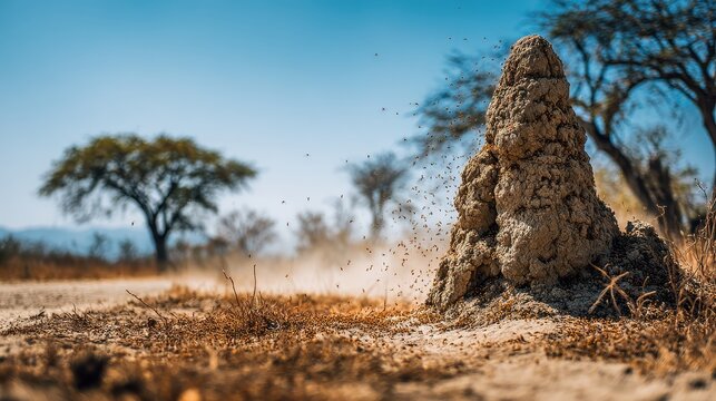 A termite mound stands tall in the dry African savanna landscape with a clear blue sky. Use this picture to show nature, animal behavior, or unique architectural structure.