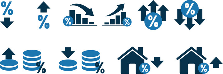 finance interest rate icon vector set, loan saving arrow coin house percentage, business chart design