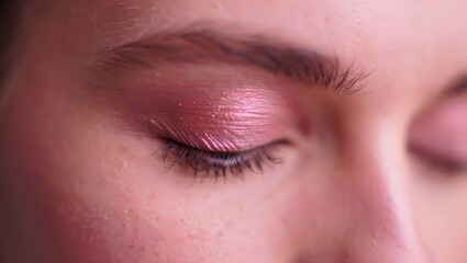 Close up of pink eyeshadow on a woman's eye with long eyelashes and defined eyebrows is shown