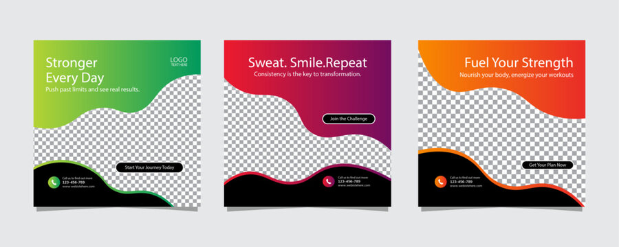 Fitness Gym Social Media Post Template Pack: Instagram Stories & Square Banners, AI Editable file