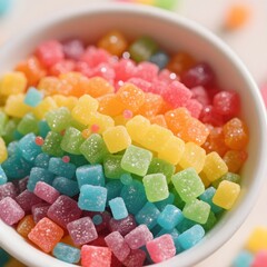 4k high quality Ai generative HD art work photo realistic sweet granulated sugar cane closeup background soft heart cane candy colorful rainbow gummy jelly beans glass bowl sprinkles blocks