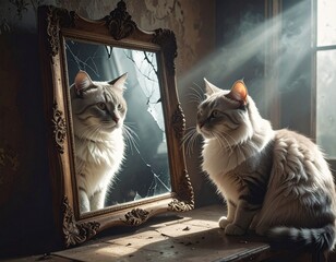 Elegant cat gazes into a shattered mirror, lost in thought, reflecting on its nine lives in a vintage room filled with dramatic light and shadows