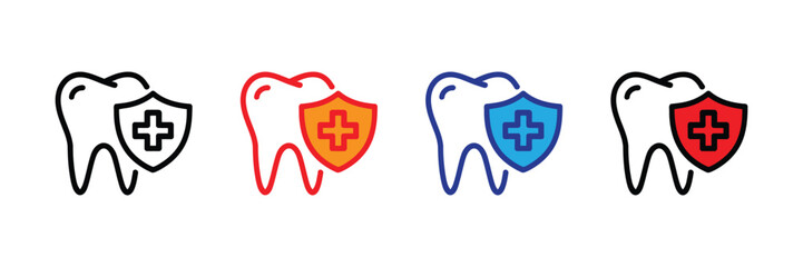 Set of four icons representing tooth protection with shields and crosses, isolated on white background