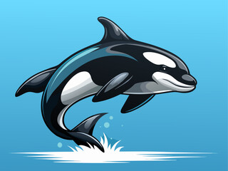 Obraz premium Realistic vector of killer whale (orca) jumping from ocean, black and white pattern, isolated on light blue background, marine wildlife art