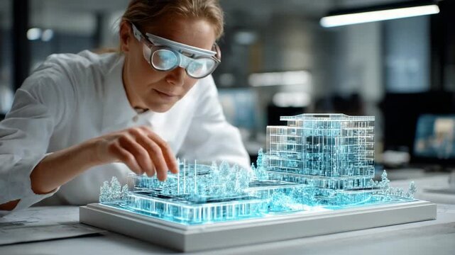 Visionary Architect's Design: An architect in protective eyewear intently studies a luminous architectural model. Her focused expression reveals her dedication and expertise.