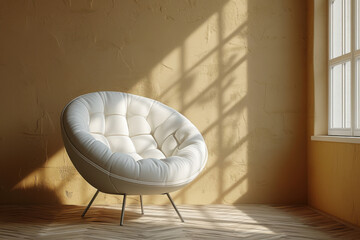 A stylish minimal living room showcases a round white chair positioned near a sunny window, creating a bright and inviting atmosphere with soft shadows on the yellow wall