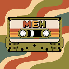 Retro cassette tape with meh label vintage 70s 80s aesthetic design with wavy brown green orange background vector