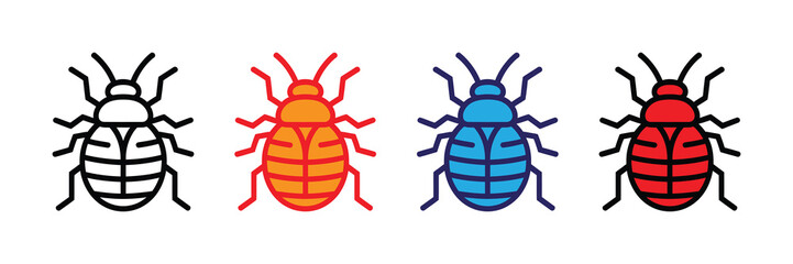 Collection of four stylized beetle icons in black, orange, blue, and red, isolated on white background