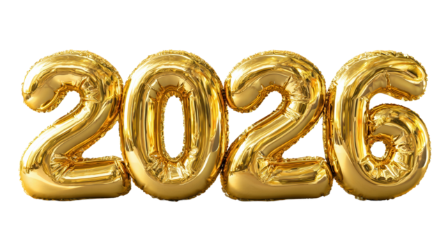 Golden metallic balloon numbers forming 2026 isolated on transparent background, festive decoration for New Year celebration, party event or holiday countdown design