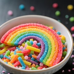 4k high quality Ai generative HD art work photo realistic sweet granulated sugar cane closeup soft heart cane candy colorful rainbow gummy jelly beans glass bowl sprinkles background