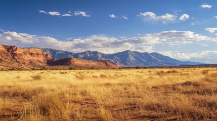 Vast desert landscape with golden grass and red rocks beneath a blue sky and white clouds