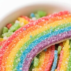 4k high quality Ai generative HD art work photo realistic sweet granulated sugar cane closeup background soft heart cane candy colorful rainbow gummy jelly beans glass bowl white