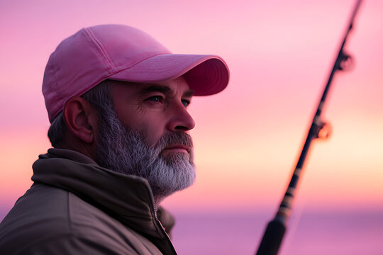 An elderly fisherman wearing a pink cap stands with his fishing rod silhouetted against a serene, pink and orange sunset sky. The man's thoughtful gaze captures the peace of fishing. - Powered by Adobe
