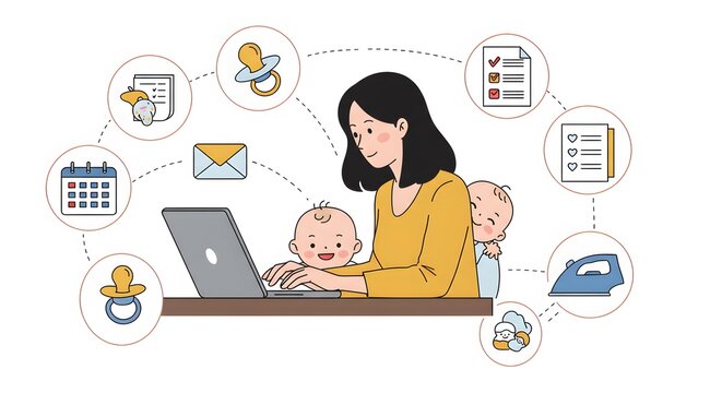 Busy Mother Working From Home Juggling Children and Household Chores with Laptop