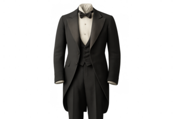 Elegant black tailcoat on display, complete formal wear with bow tie, showing vintage fashion and menswear