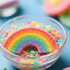 4k high quality Ai generative HD art work photo realistic sweet granulated sugar cane closeup background soft heart cane candy colorful rainbow gummy jelly beans glass bowl
