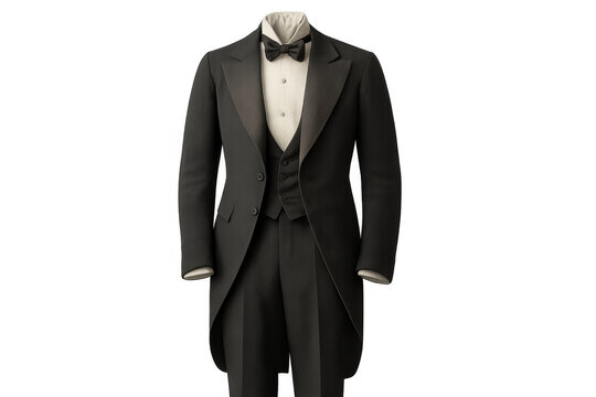Elegant black tailcoat on display, complete formal wear with bow tie, showing vintage fashion and menswear