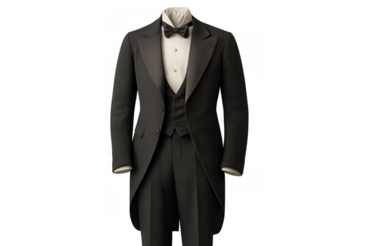 Elegant black tailcoat on display, complete formal wear with bow tie, showing vintage fashion and menswear