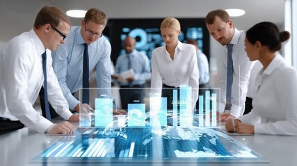 Team analysis : In a modern office setting, a group of business professional engage with futuristic data visualization of a collaborative project. Together, they are working on strategy  - Powered by Adobe