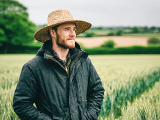 Obraz premium A man in a straw hat stands thoughtfully in a green field, with a backdrop of rolling hills under a cloudy sky.