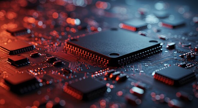 Close-up of a complex circuit board with glowing red and blue lights, futuristic technology concept.