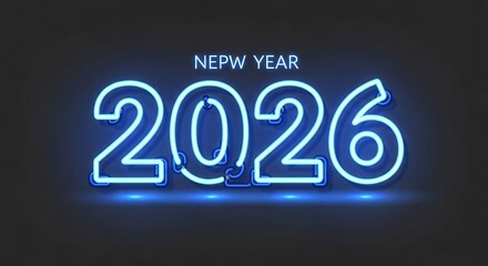 Happy New Year 2026 text in a realistic blue neon light style, glowing on a dark background for a futuristic party or celebration.