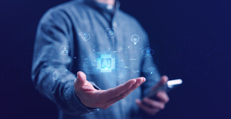 A person holding a holographic AI chip. Connected icons representing neural networks, innovation, and data intelligence. Futuristic concept of artificial intelligence and technology.