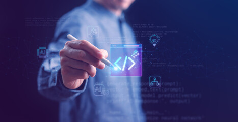 A programmer interacts with a digital screen creating AI-powered code, symbolizing artificial intelligence,machine learning, and future technology development.Perfect for tech and innovation concepts.