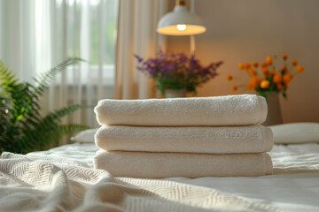 A serene Scandinavian bedroom displays three neatly folded towels atop a cozy bed. Soft light from a nearby lamp enhances the calming atmosphere, complemented by vibrant flowers nearby