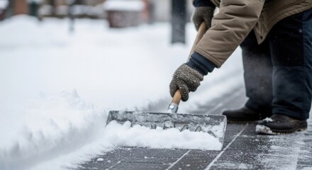 Person shoveling snow on winter sidewalk