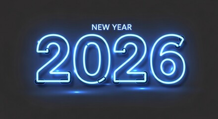 Happy New Year 2026 text in a realistic blue neon light style, glowing on a dark background for a futuristic party or celebration.