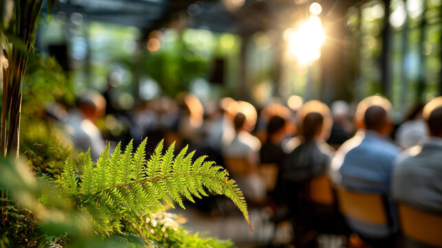 A gathering in nature's embrace, bathed in sunlight and surrounded by lush greenery. Inspiration blooms in this tranquil setting.