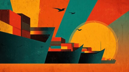 Naklejka premium Cargo ship and bird colorful illustration for logistics and transportation